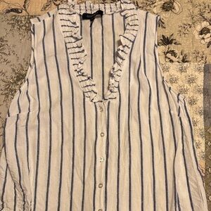 Ellen Tracy Blue and White Striped Ruffle Blouse